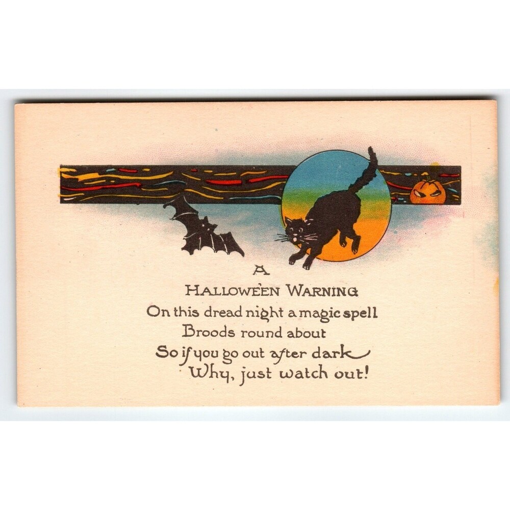 Vintage 1907-1915 Halloween Black Cat & Bat Lithograph Postcard Metropolitan